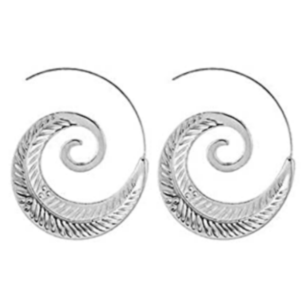 New Silver Feather Big Spiral Hoops Swirl Statement Hoop Earrings